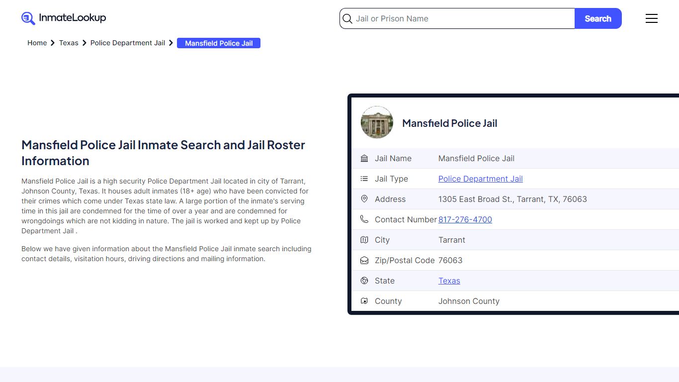 Mansfield Police Jail (TX) Inmate Search Texas - Inmate Lookup